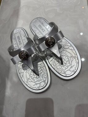 Versace Metallic Silver Medusa Thong Sandals